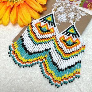 Hand Beaded Long Fringe Earrings Large Southwest Tribal Ethnic Native Indian NWT